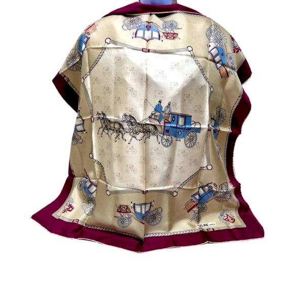 Unused Celine Paris Scarf  100% Silk  34" Gold Tan Brgendy Carriage Horses (39) - Picture 3 of 13